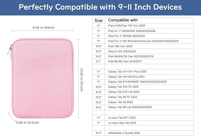 Dadanism 9-11" Tablet Sleeve Bag Carrying Case for iPad (A16) 11th Gen 11", iPad 10th Gen 10.9" Air 5/4, iPad Air M4/Pro 11", iPad 9/8/7th, Galaxy Tab A11+ Plus 11", Remarkable 2 10.3", Flowers Pink