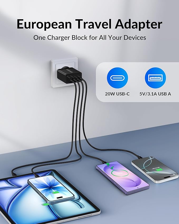 European Travel Plug Adapter, 4-Port 40W International Power Plug Adapter, US to Europe USB C Fast Charger Travel Essentials to Italy Spain France Portugal Iceland Germany, Europe Type C Charger Block