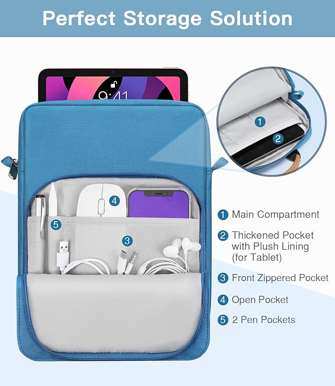 MoKo 9-11 Inch Tablet Sleeve Bag Handle Carrying Case with Shoulder Strap Fits iPad Pro/Air/A16 11 inch,iPad 10th 10.9,i-Pad 9/8/7th 10.2,iPadAir 5/4th 10.9,i-Pad 9.7,Tab S8/S9 11", Peacock Blue