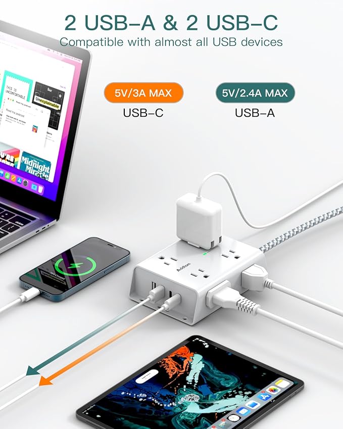 Addtam Surge Protector Power Strip, 8 Widely Outlets with 4 USB Ports (2 USB C), 5ft Extension Cord with Multiple Plug Outlets, 3 Side Outlet Extender, Flat Plug, Wall Mount, ETL, White