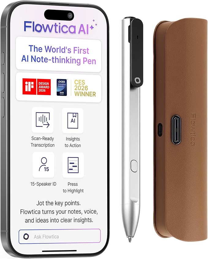 Flowtica Scribe AI Voice Recorder, App Control, Transcribe & Summarize, HiFi Audio with Noise Cancellation, Background Auto-Sync, Note Taker for Meetings & Lectures, Ultra-Slim, Charging Case Included