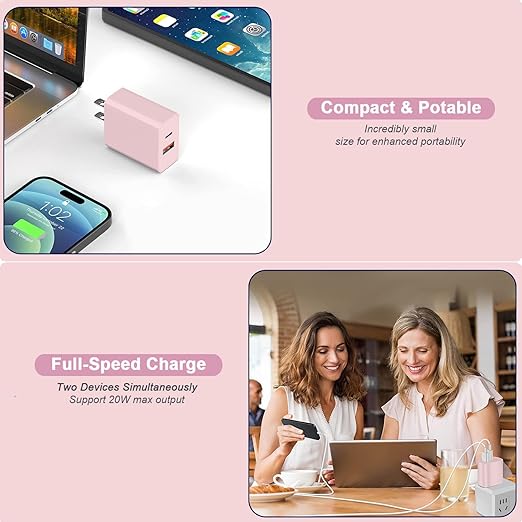 USB C Charger Block, iPhone 16/15 Charger Block [3 Pack] 20W Dual Port QC+PD 3.0 Power Adapter Multiport USB A Fast Charging Plug for Apple iPhone 16/16 Pro/16 Pro Max/16 Plus/15/14/13/12/11/iPad-Pink