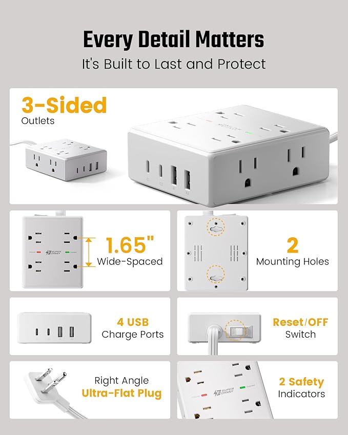 25Ft Long Extension Cord, Flat Plug Power Strip with 8 Outlets & 4 USB Ports (2 USB C), Wall Mountable Surge Protector, Desk Charging Station for Home Office, Dorm Room Essentials