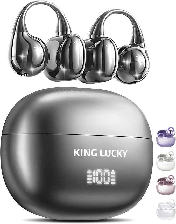 King Lucky Clip-On Earbuds Gen 3, Open-Ear Wireless Bluetooth 6.0 Headphones with Mic, Secure Fit for Small Ears & Glasses Wearers, 50H Playtime, LED Digital Display, ENC, IPX5 Waterproof(Balck)