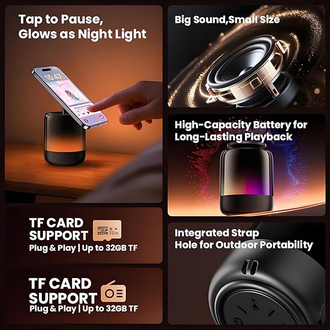 Magnetic Bluetooth Speaker, N52 Magnet Phone Holder,600mAh RGB Light Magnetic Speaker, 12Hrs Night Light Play, 360° Sound, Type-C, TF Card, TWS Stereo Pairing, Ideal for Camping, Fitness
