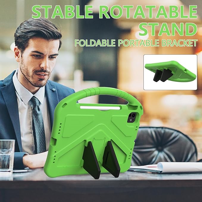 Kids Case for iPad Air 11 inch M4/M3/M2 (2026/2025/2024) with Pencil Holder/Shockproof Handle/Kickstand/Slim Lightweight Soft EVA Foam Folio Stand Tablet Protective Girls Boys Cover, Green