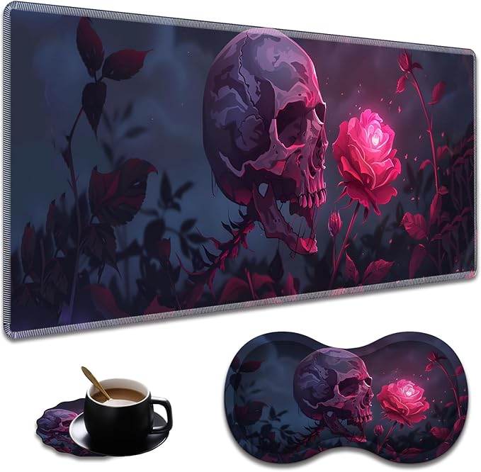 Extended Non-Slip Mouse Pad + Mouse Wrist Rest + Lace-Shaped Coaster Set, Ergonomic Design, Suitable for Desk and Home Gaming Table Mat, Rose Skull