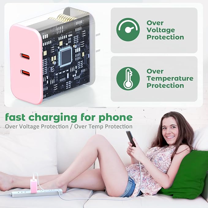 USB C Charger Block, 40W Dual Port Fast Charger 20W Type C Charging Block 3.1A USB Wall Charger Dual Port PD+QC Charging Cube for iPhone 15 16 14 13 12 11 Pro Max XS, iPad, Samsung Phone-Pink