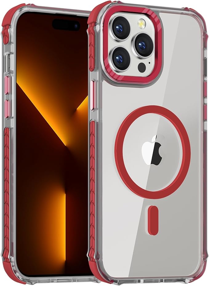 DEERLAMN Strong Magnetic Case for iPhone 15 Pro Max 6.7-Inch,[Compatible with Magsafe][Military Grade Drop Protection] Clear Slim Shockproof Protective Phone Cover-Transparent+Red
