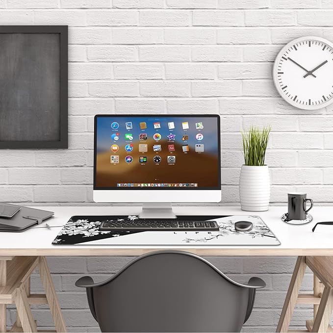 AIMSA Extended Gaming Mouse Pad, XL Large Keyboard Mouse Mat Desk Pad with Stitched Edges, Durable Non-Slip Base Mousepad for Home Office, 35x15.7inch, Black White Cherry Blossom