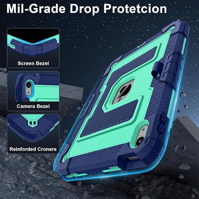 Kids Friendly Case for iPad A16 11th Generation 11 Inch 2025 / iPad 10th Generation 10.9" 2022 Case with Pencil Holder & Shoulder Strap, Hybrid iPad 11 10 Cover Rugged Shockproof Kickstand,Blue+Mint
