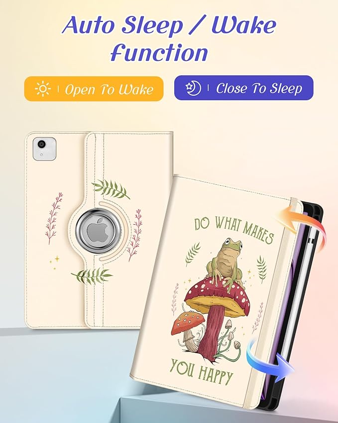 Kidcube for iPad Air 13 Inch Case (M3/M2)/for iPad Pro 12.9 Cases 6th/5th (2022/2021) - Women Girls Kids Cute Rotating Stand Folio Cover with Pencil Holder & Card Slot Design Cool Frog Mushroom Cover