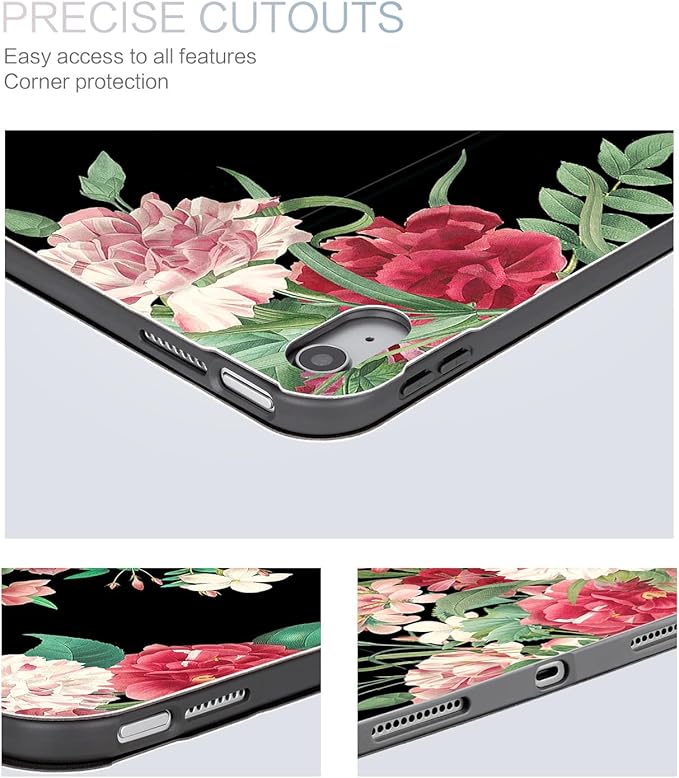 for iPad (A16) 11Th/10Th Generation Case 2025/2022, for iPad Case 11Th/10Th Generation, 10Th/11Th Gen iPadCase Cover Auto Wake/Sleep Multi-Angle Viewing Adjustable Stand, Black Vintage Flower