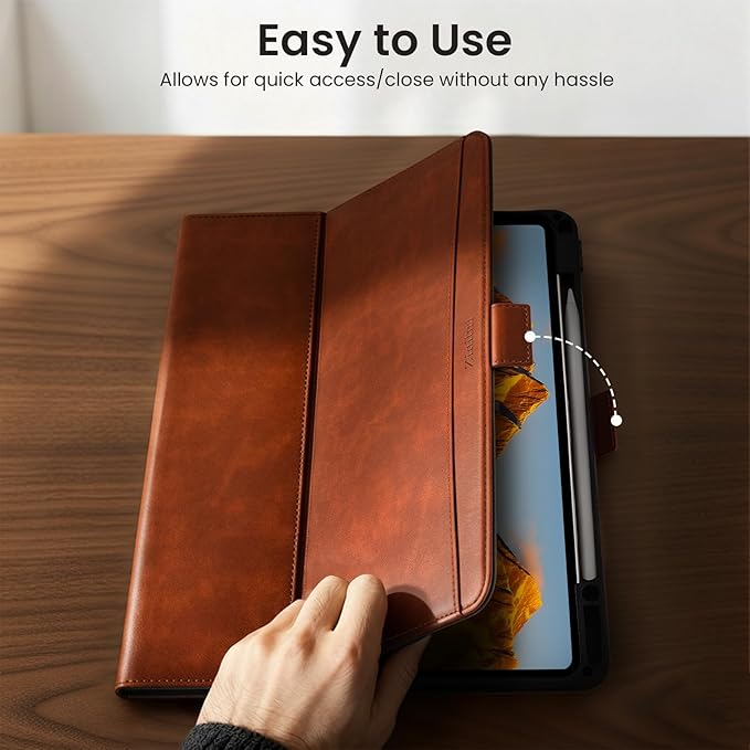 Handcrafted Case for iPad Air 13 Inch M4/M3/M2 (2026/2025/2024) with Pencil Holder & Hand Strap & Pocket,Magnetic Clasp,Multi Angles Stand,Protective Folio Cover,Auto Sleep/Wake,Brown