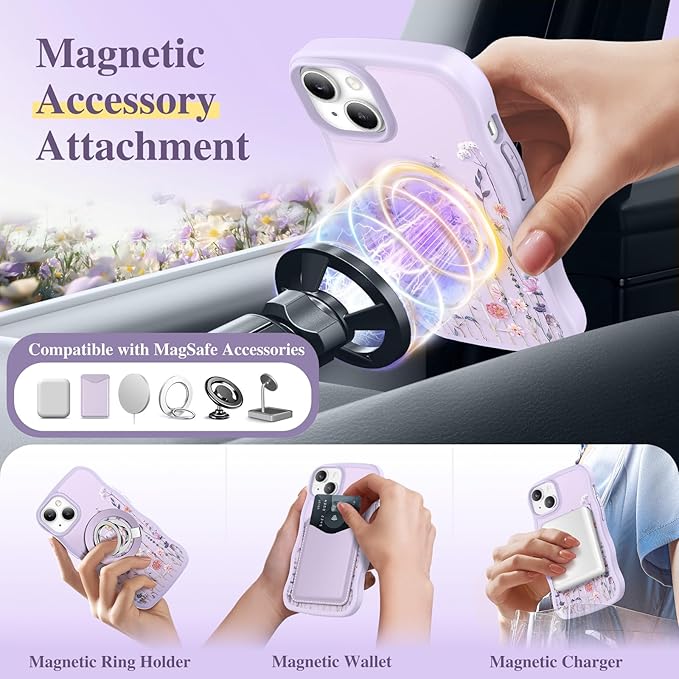 GVIEWIN Cute for iPhone 14 Case & iPhone 13 Case [Compatible with MagSafe] [Curly Wave Edge] Floral Translucent Magnetic Shockproof Protective Phone Cover for iPhone 14/13 6.1'', Floratopia/Colorful
