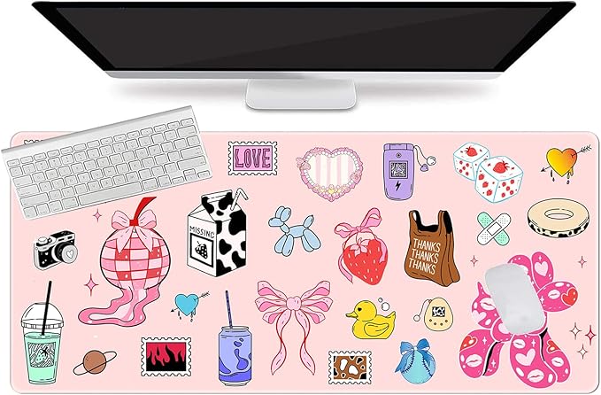 L-SPOUTTO Cute Desk Mat for Keyboard and Mouse,XXL Large Mouse Pad Non-Slip Keyboard Pad Waterproof Desktop Mat for Laptop Computer Work Game Home Office-Cartoon Pink