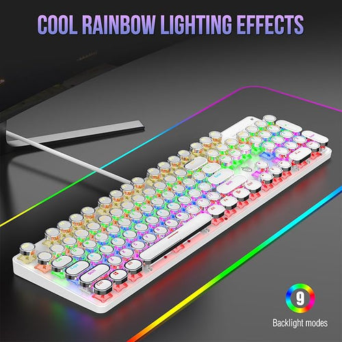 Typewriter Mechanical Gaming Keyboard with RGB Backlit Red Switches, 104 Keys Retro Round Keycap, Wired Typewriter Style Comfortable Typing Soud (L-White)