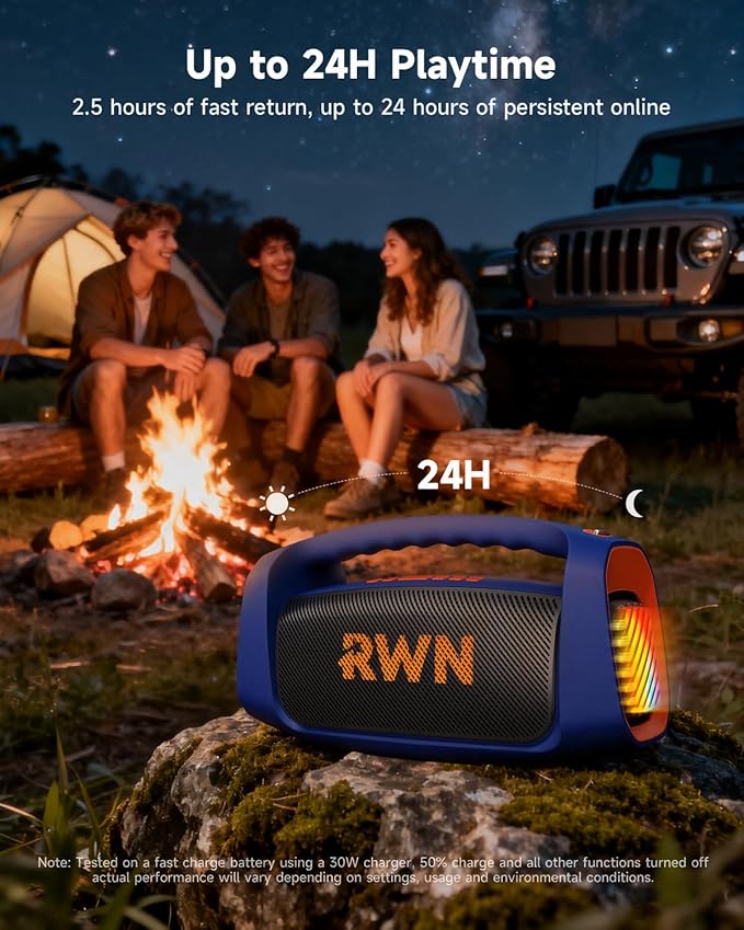 RWN Outdoor Bluetooth Speaker: 160W Loud Sound, IP67 Waterproof with 24H Playtime, Fast Charge, Bass, TWS, Portable Wireless Speakers with Light Show for House, Party, Projector, Beach (Blue+Orange)