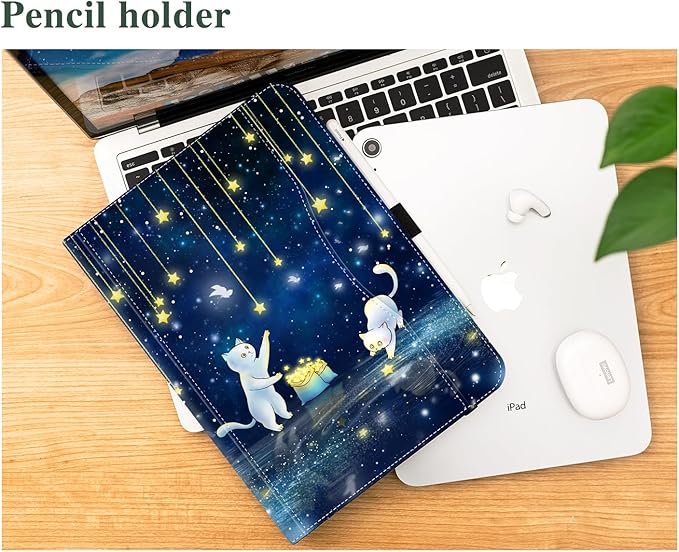 Vimorco Case for iPad (A16) 11th Generation 2025, for iPad 11th/10th Generation Case, Pencil Holder/Hand Strap/Pocket, Multiple Stand Protector PU Leather Shell Cover,Auto Wake/Sleep, Cat Picks Stars