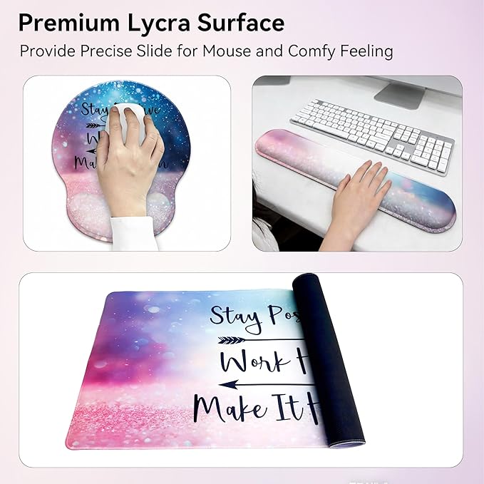 Desk Mat Set + Keyboard and Mouse Pad with Wrist Rest Support,4-in-1 Large Mousepad Computer Mats for Desktop Home & Office-Glitter Pink Blue