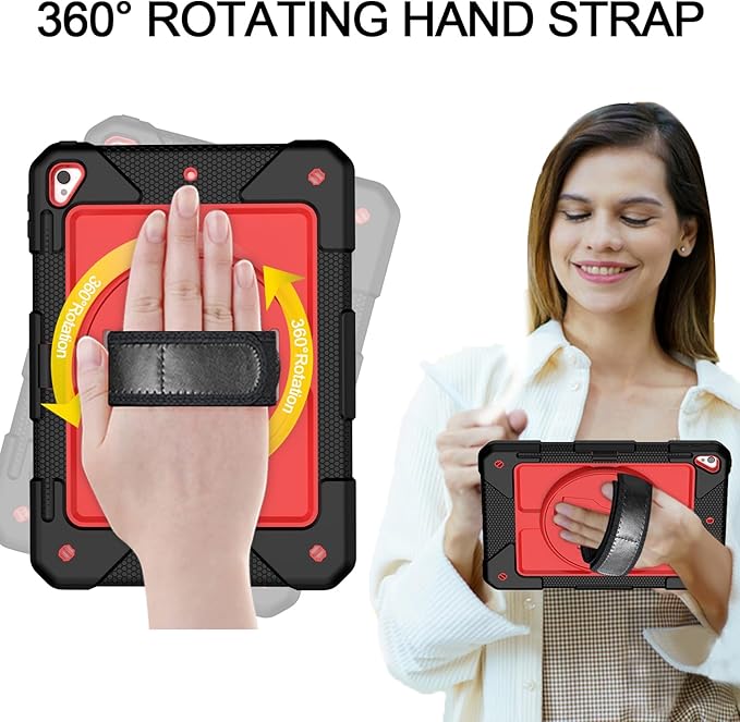 MENZO Shockproof Case for iPad 5th Gen/6th Gen/Air 2/Pro 9.7-inch with 360° Swivel Stand, Pencil Holder, Detachable Hand and Shoulder Strap, Black+Red