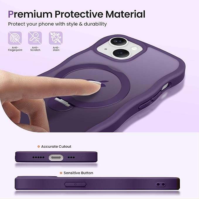 CAPRARO for iPhone 13 Case & iPhone 14 Case with 360° Spin Magnetic Stand for Women, [Compatible with MagSafe] [Camera Protection] Cute Wave Translucent Matte Case for iPhone 13/14, Deep Purple