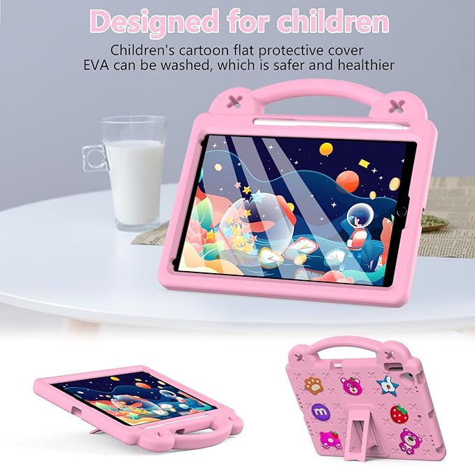 for iPad 9th Generation Case for Kids,iPad 8th 7th Gen Cover, Shoulder Strap Shockproof Cute DIY Figures Design Handle Stand Protective Rugged Case for Apple iPad 9th 8th 7th Gen 2021/2020/2019,Pink