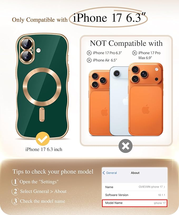 GVIEWIN for iPhone 17 Case Compatible with MagSafe, Upgraded [Full Camera Protection][Cute Wave Frame][Military Grade Protection] Electroplated Hard Phone Cover for Women Girl, Green