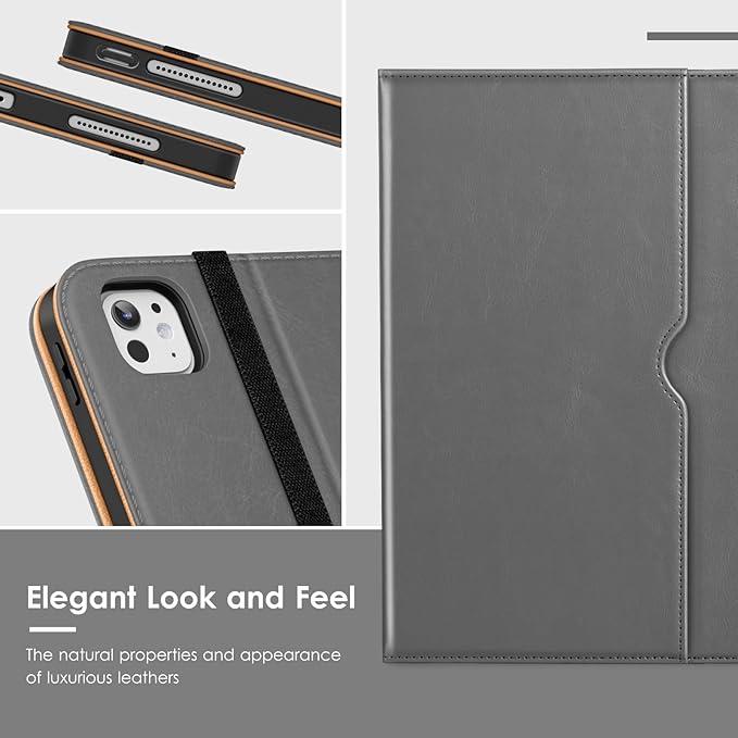 VIKESI Case for iPad Pro 13-inch M5 or M4 Released in 2025 or 2024, Leather Stand Cover with Apple Pencil Holder, Auto Wake/Sleep, Multiple Viewing Angles, Built in Hand Strap & Pocket,Grey