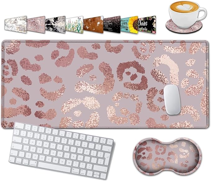 Large Gaming Mouse Pad, 31.5x11.8 in Extended Computer Mouse Mat with Non-Slip PU Base, Ergonomic Memory Foam Keyboard Wrist Rest, for Work & Gaming, Office Desk Pad Rose Gold Leopard Pink