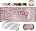 Large Gaming Mouse Pad, 31.5x11.8 in Extended Computer Mouse Mat with Non-Slip PU Base, Ergonomic Memory Foam Keyboard Wrist Rest, for Work & Gaming, Office Desk Pad Rose Gold Leopard Pink
