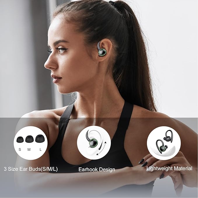 Wireless Earbuds, Bluetooth 5.4 Headphones Sport, Over Ear Buds With ENC Noise Cancelling Mic, 48H, Wireless Earphone With Earhooks, Stereo Deep Bass, IP7 Waterproof Headset for Workout, Black