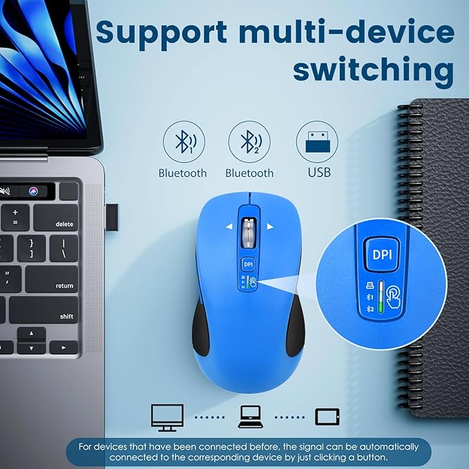 CITLLA Wireless Bluetooth Mouse (USB + BT1 + BT2), Full Size, 4-Way Scrolling, Multi-Device Silent Mouse for Computer, Laptop, iPad, MacBook (Blue)
