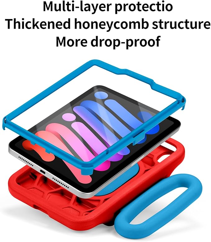 Kids Case for iPad mini 7 (A17 Pro) 2024 / iPad mini 6 2021, Child Friendly Case with Adjustable Portrait/Landscape Stand,Heavy Duty Cover with Screen Protector for iPad mini 7/6 8.3 inch(Redblue)