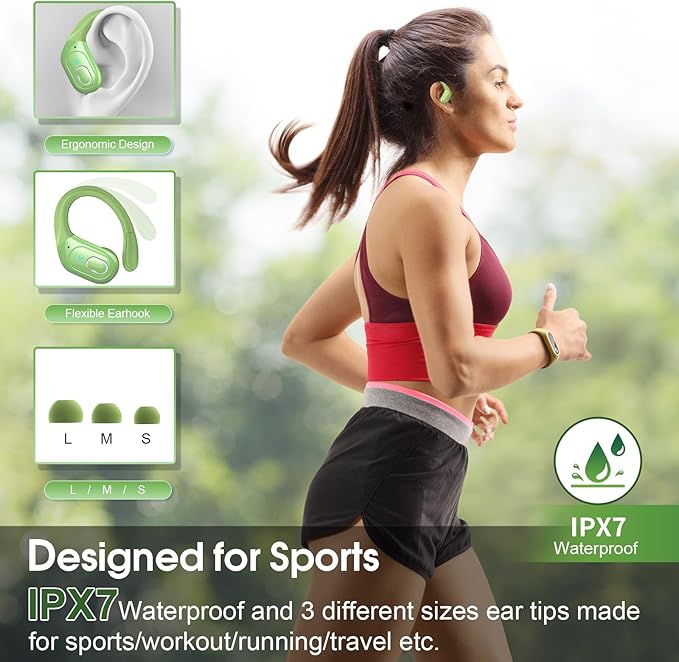 Wireless Earbuds 75hrs Bluetooth 5.4 Headphone Sport, 2026 Bluetooth Earbuds Stereo Deep Bass Over Ear Bud with Earhooks, ENC Noise Cancelling Mic, IPX7 Waterproof Earphone for Gym/Workout, Green