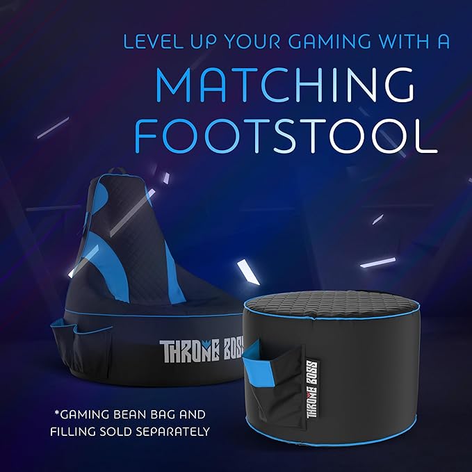 Throne Boss Gaming Footstool - Cover ONLY No Filling - Matching Bean Bag Chair Pouf/Ottoman - Round Gamer Foot Stool Footrest with Drink Holder (Blue)