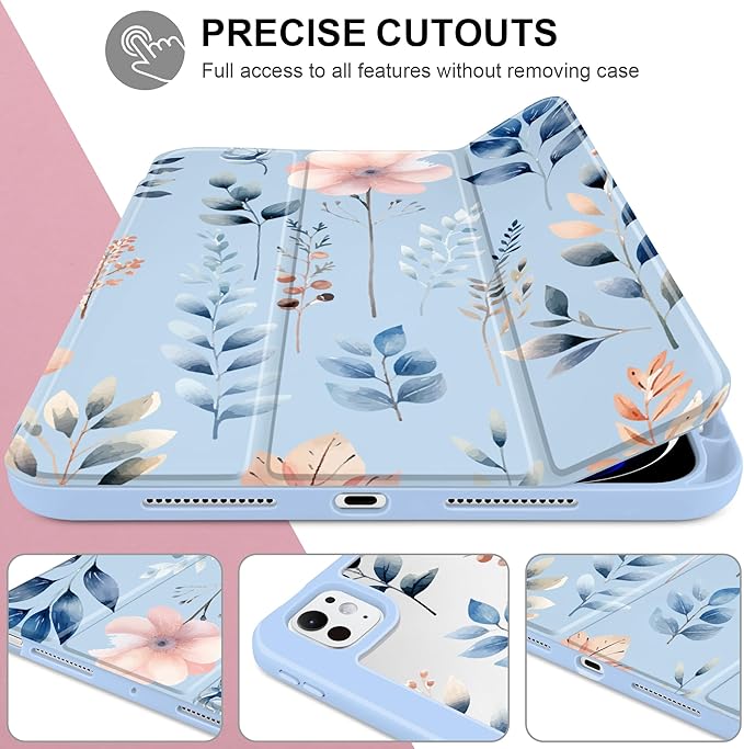 Case for iPad Pro 11 inch (M5) 2025 (M4) 2024 Release Slim Lightweight Cute Light Blue Cover with Clear Back TPU Edge Pencil Holder Trifold Stand, Hand-Drawn Leaves