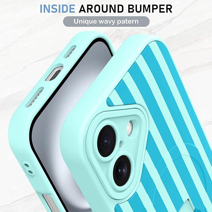 KANGHAR Compatible with iPhone 16 Case, Support for MagSafe, Silicone Stripes Cute Pattern, Wristband Kickstand Camera Protection Soft Slim Cover for Girls Women -Blue