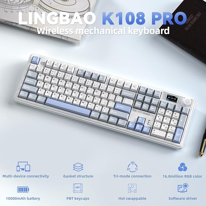 CORBOBO LINGBAO K108 Pro Wireless Mechanical Keyboard with Screen & Knob, Full Size Creamy Keyboard with Number Pad, 10000mAh Battery, PBT Keycaps, RGB Backlit, Hot-swappable Gaming Keyboards