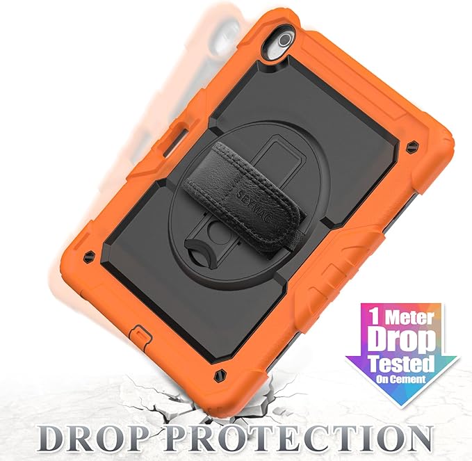 SEYMAC stock Case for iPad Air 13-inch M4-M2 2026-2024 (Gen 8-6), Shockproof Heavy Duty Case with Screen Protector, Pencil Holder, Rotating Stand, Hand Strap, Shoulder Strap, Orange