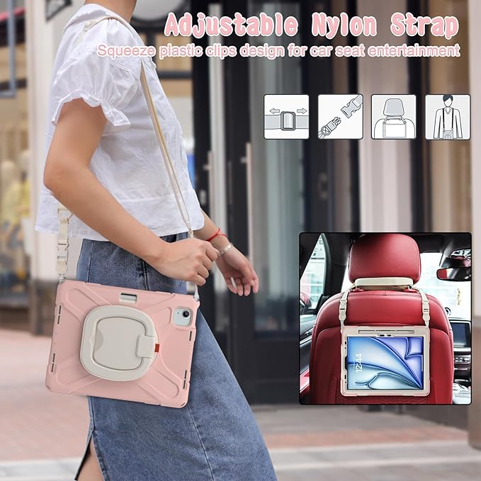 SCSVPN Kids Case for iPad Air 11 Inch M4/M3/M2 (2026/2025/2024), iPad Air 10.9'' 5th/4th Gen 2022/2020, iPad Pro 11 4th/3rd/2nd/1st Gen, Protective Cover with Pen Holder, Stand, Shoulder Strap, Pink