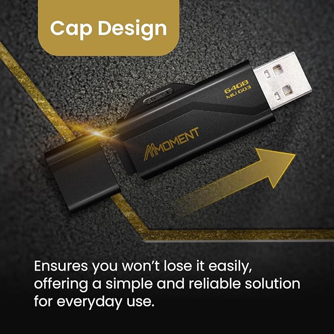 Moment 64GB (4-Pack) MU G03USB Flash Drive 4-Pack – USB 3.2 Memory Stick with Protective Cap and Keychain Loop, Up to 100MB/s Read, 30MB/s Write – Plug & Play USB Drive for PC, Mac, TV, Car