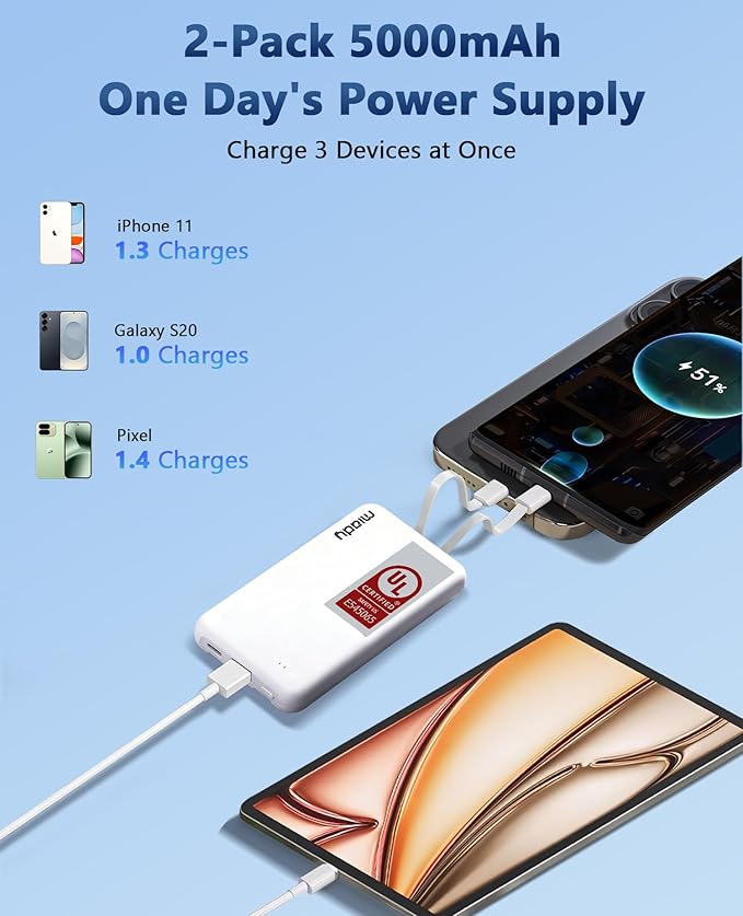 Miady 2-Pack Small Portable Charger UL Listed, 5000mAh Slim Power Bank Built-in 2 Cables Compatible with iPhone 17/16/15/14/13 (Cream Blue+Champagne Pink)