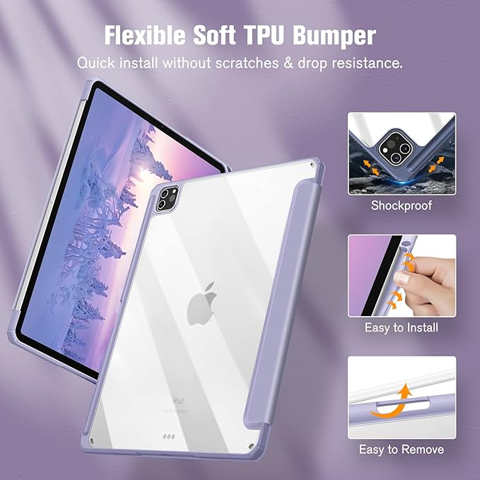 Fintie Hybrid Slim Case for iPad Pro 12.9-inch 6th Generation 2022, [Built-in Pencil Holder] Shockproof Cover w/Clear Transparent Back Shell, Also Fit iPad Pro 12.9" 5th/4th/3rd Gen, Lilac Purple