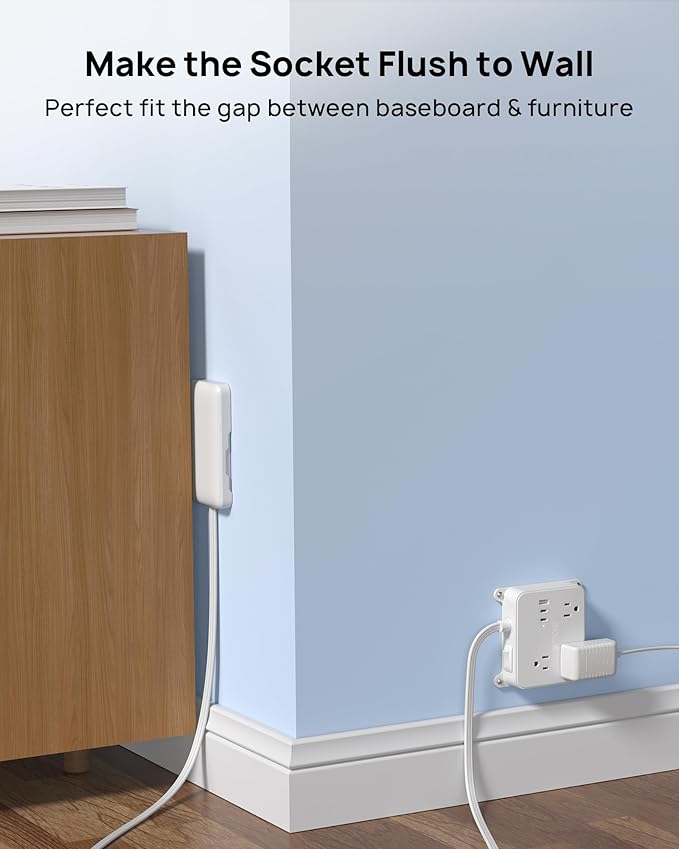 TROND Flat Outlet Cover Extension Cord, 3 AC Widely Spaced with 2 USB C Charger, 5FT Plug Concealer Power Strip, Wall Mount Behind TV, Hidden Under in-Drawer Desk Cabinet Vanity Counter