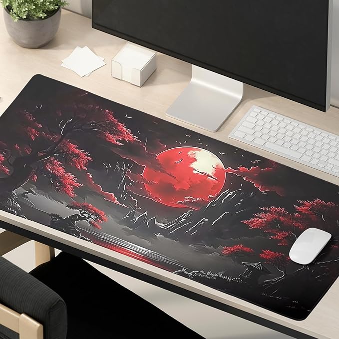 Riverside Full Moon Desk Mat Japanese Desk Pad Mouse Pad Extended Large XL Keyboard Pad 31.5"x11.8" Anime Gaming Mousepad Keyboard Full Desk Mat with Non-Slip Rubber Base Stitched Edge for Home Office