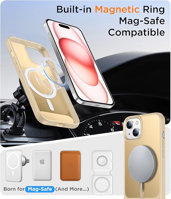 Magnetic Compatible with iPhone 15 Case, [Built-in Invisible Kickstand][Compatible with MagSafe] [Military Grade Shockproof] Slim Translucent Matte Phone Case for iPhone 15 6.1"-Light Brown