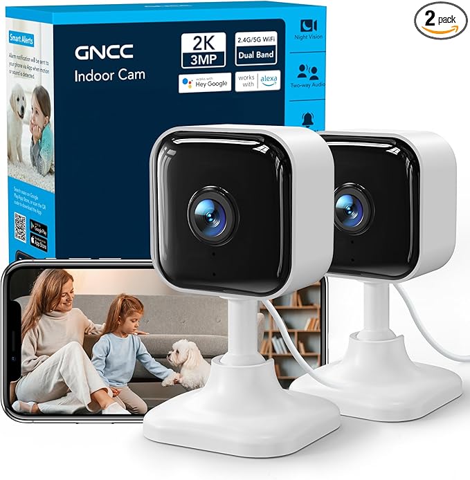 GNCC 2K Indoor Cameras for Home Security with Phone App, 2.4G/5G Mini Pet Cam w/Human/Motion/Sound Detection, Compatible with Alexa, Cloud Storage Optional, Fixed View, Plug-in, 2 Pack