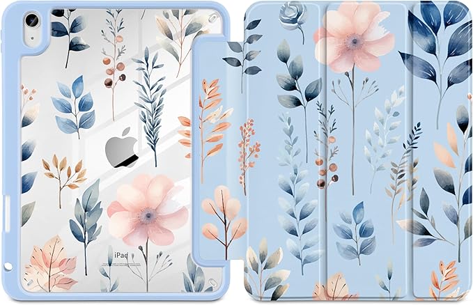 Case for iPad Air 11 inch M4 2026 M3 2025 M2 2024 Release with Pencil Holder Clear Back Shell Blue Lightweight Shockproof TPU Edge Trifold Stand Auto Wake Sleep Cute Cover, Hand-Drawn Leaves
