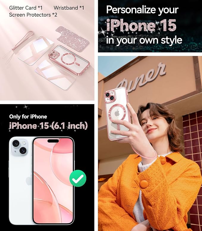 Meifigno for iPhone 15 Case 6.1", [Glitter Card & Wrist Strap] [Compatible with MagSafe] [2X Screen Protectors] Surround Raised Camera Lens Protection for iPhone 15 Case, Rose Gold